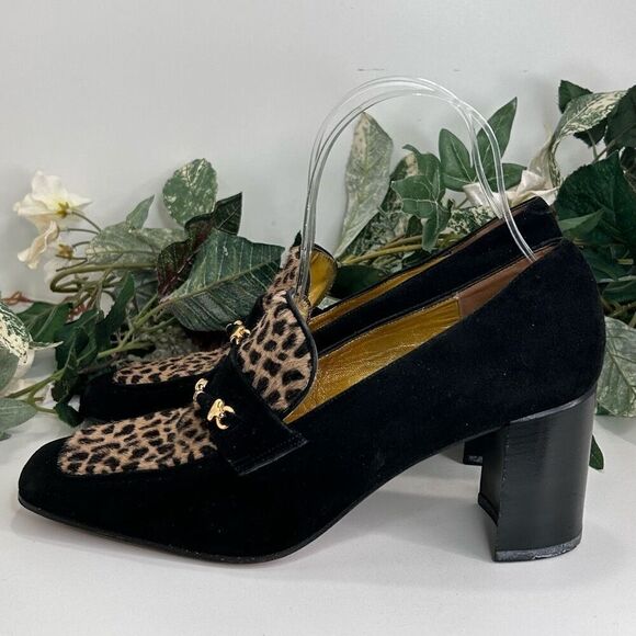 Saks Fifth Avenue Heels Women’s Size 8 AA Black Suede Animal Print Loafer Pump - Picture 8 of 15